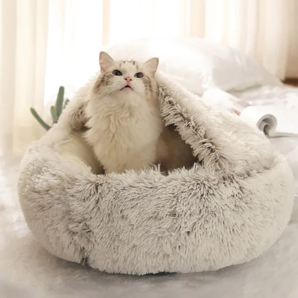 2-in-1 Round Plush Pet Bed – Soft Warm Nest for Cats & Small Dogs, Long Plush Comfort House