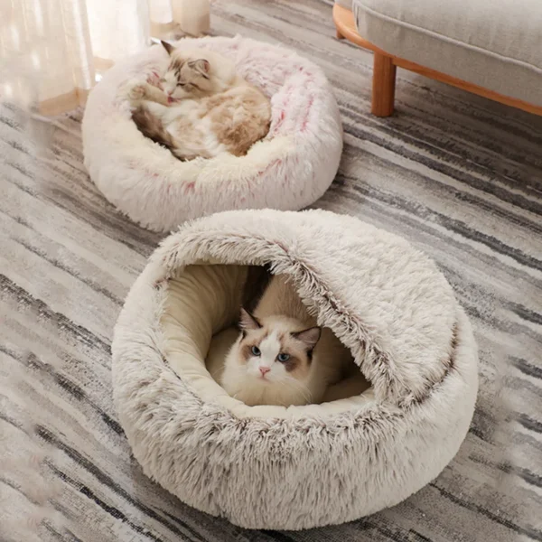 2-in-1 Round Plush Cat Bed – Warm Cat Nest & Puppy Cave Sofa for Cozy Sleeping
