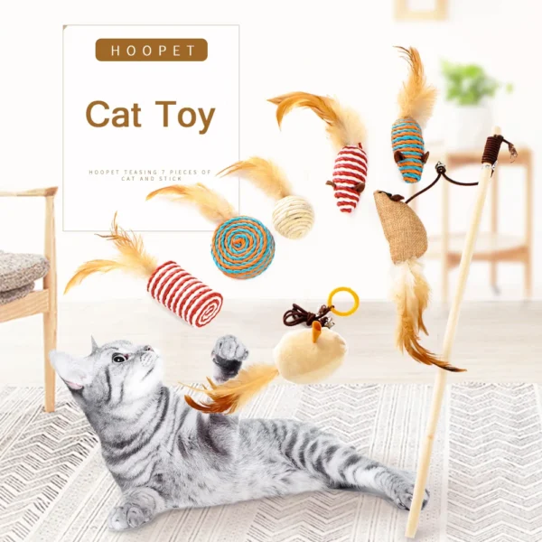 HOOPET Cat Toy Set – Interactive Teaser Rods with Hairy Mouse for Kittens & Cats