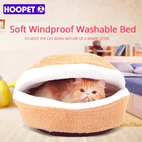 Warm Hamburger-Style Cat Bed – Windproof Disassemblable Pet Nest for Cats & Small Dogs, Cozy Winter Hideout