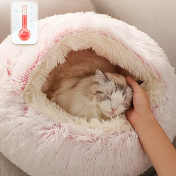 2-in-1 Round Plush Pet Bed – Soft Warm Nest for Cats & Small Dogs, Long Plush Comfort House