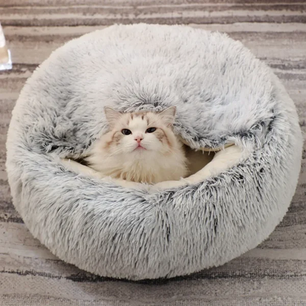 2-in-1 Round Plush Cat Bed – Warm Cat Nest & Puppy Cave Sofa for Cozy Sleeping
