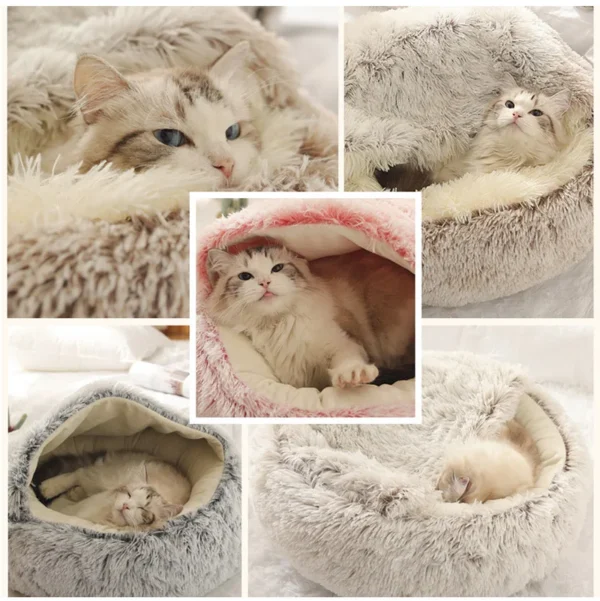 2-in-1 Round Plush Pet Bed – Soft Warm Nest for Cats & Small Dogs, Long Plush Comfort House