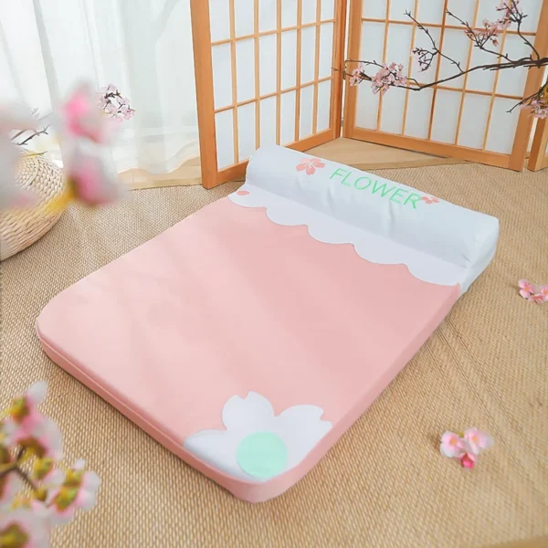 Pet Bed with Pillow – Removable & Washable Mat for Small Dogs & Cats, Cherry Blossom Design, All-Season Kennel