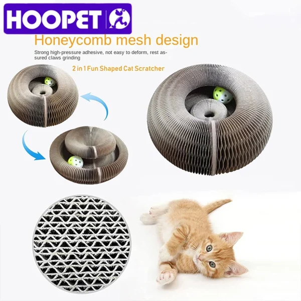 HOOPET Foldable Cat Scratch Board with Bell Ball – Round Corrugated Cardboard Toy